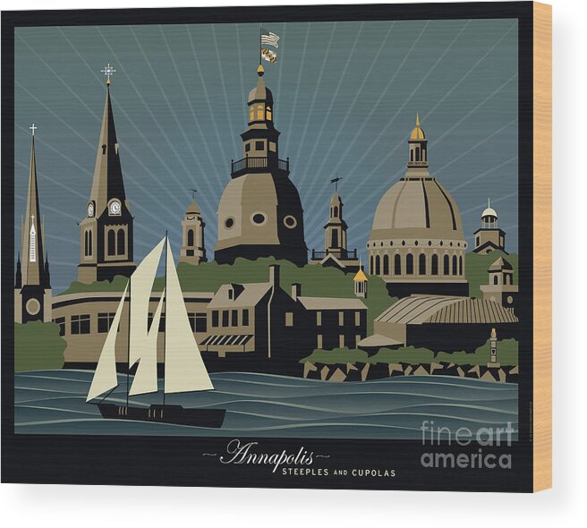 Annapolis Wood Print featuring the digital art Annapolis Steeples and Cupolas Serenity with border by Joe Barsin