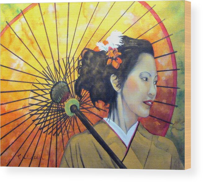 Yellow Wood Print featuring the painting Asian Beauty Watercolor by Kimberly Walker