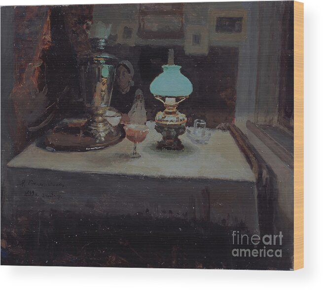 Oil Painting Wood Print featuring the drawing At The Samovar, 1899. Found by Heritage Images