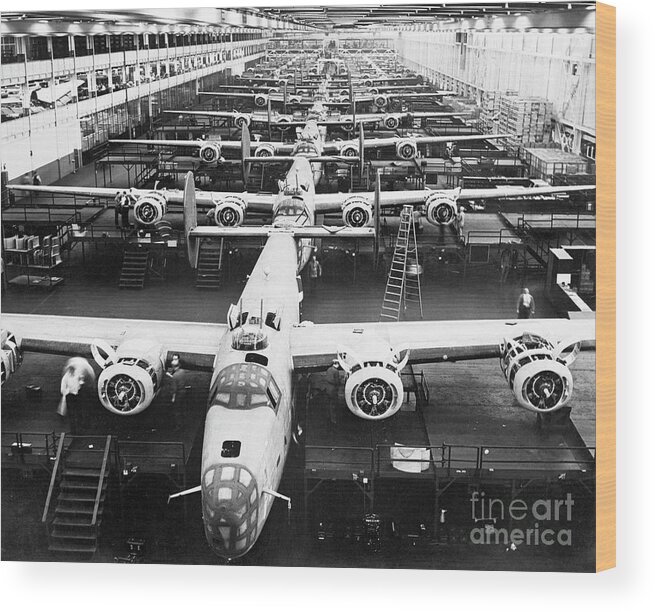 Engine Wood Print featuring the photograph B-24 Liberators On Production Line by Bettmann