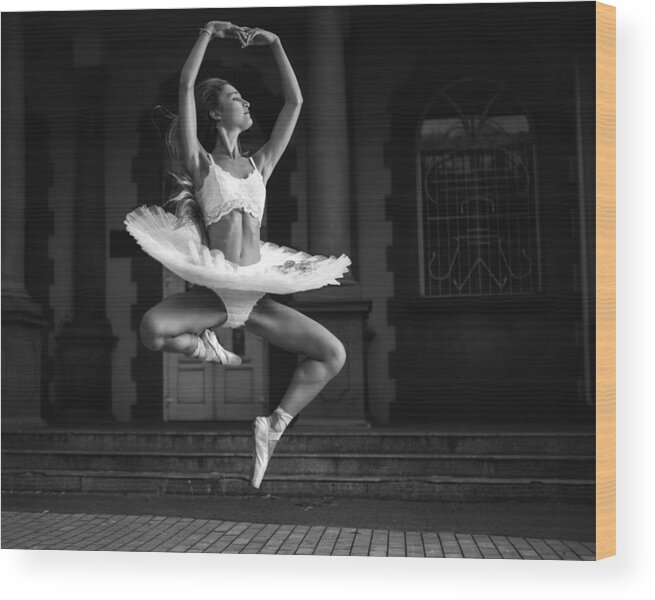 Ballerina Wood Print featuring the photograph Ballerina Is Posing 6 Bw by Vasil Nanev