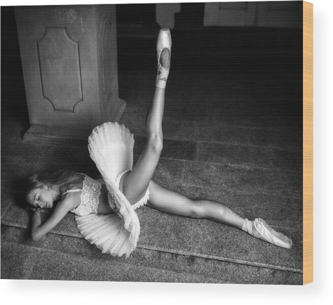 Ballerina Wood Print featuring the photograph Ballerina Lying On The Stairs Bw by Vasil Nanev