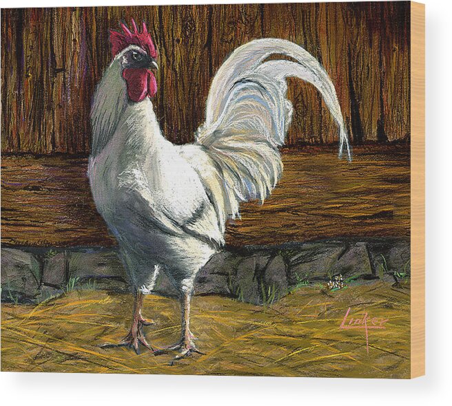 Bantam Rooster On Hay Wood Print featuring the painting Bantam Rooster by Thomas Linker