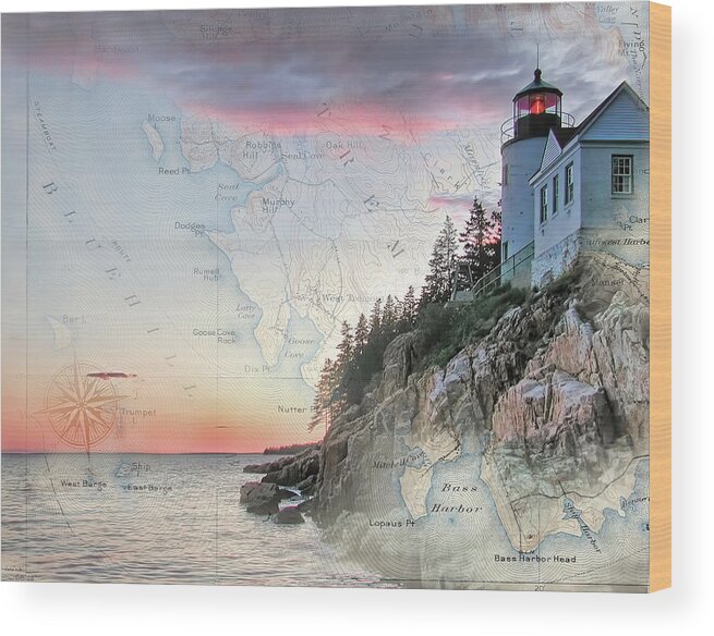 Lighthouses Of New England Wood Print featuring the photograph Bass Harbor lighthouse on a chart by Jeff Folger