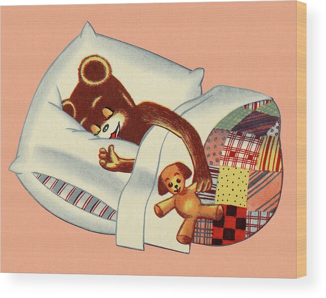 Animal Wood Print featuring the drawing Bear Sleeping in Bed by CSA Images