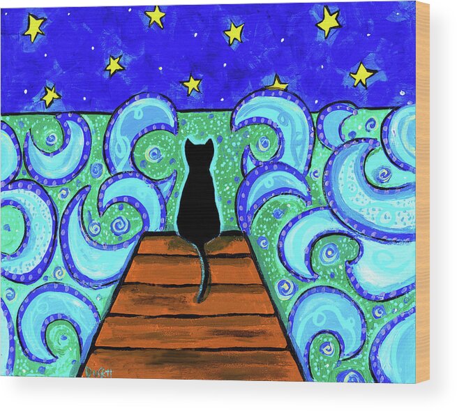 Black Cat Dock Stars Wood Print featuring the painting Black Cat Dock Stars by Shelagh Duffett