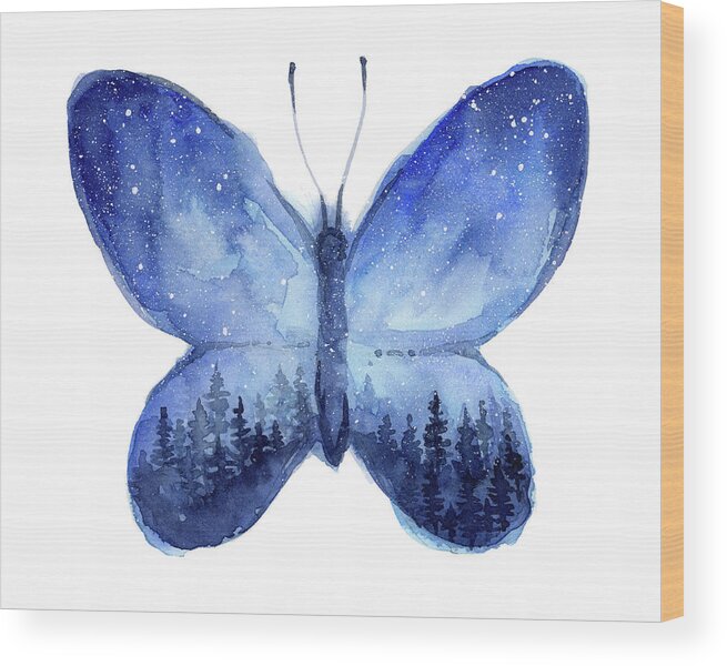 Blue Butterfly Wood Print featuring the painting Blue Space butterfly by Olga Shvartsur