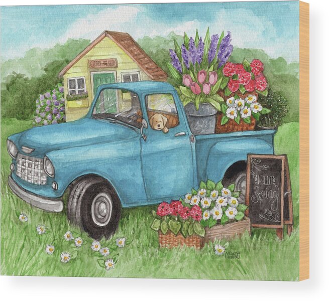 Blue Truck Flowers Hello Spring Wood Print featuring the painting Blue Truck Flowers Hello Spring by Melinda Hipsher