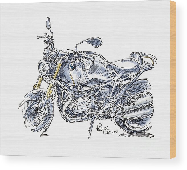 Motorbike Wood Print featuring the drawing BMW R NINE T Motorcycle Ink Drawing and Watercolor by Frank Ramspott