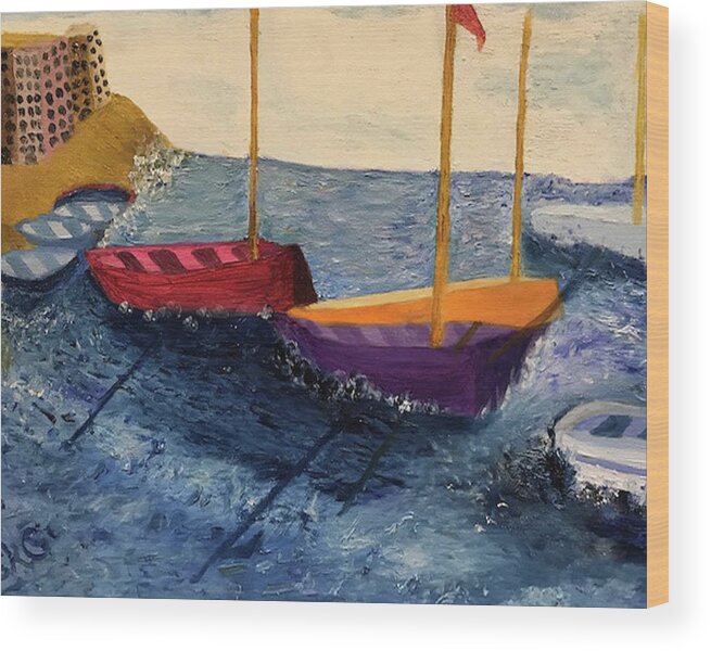 Sailboats Wood Print featuring the painting Boat Shadows in the Bay by Susan Grunin