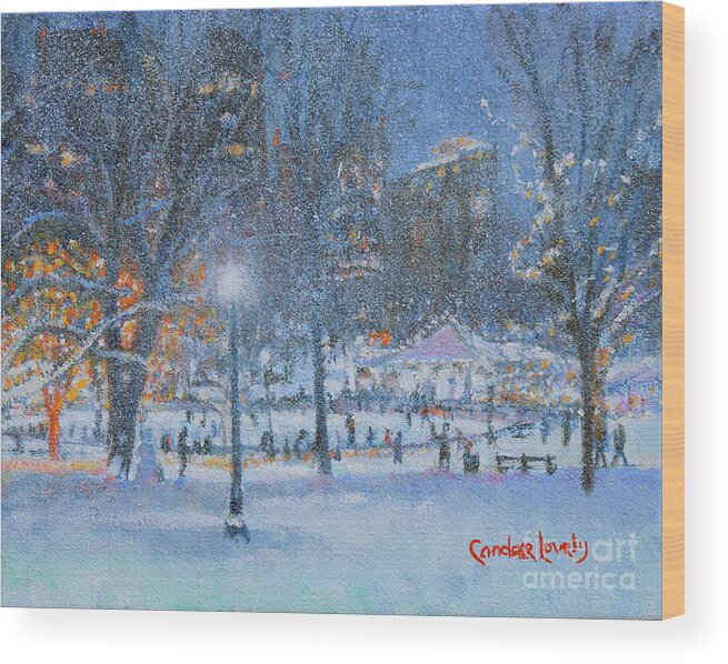 Boston Night Skaters Wood Print featuring the painting Boston Night Skaters by Candace Lovely