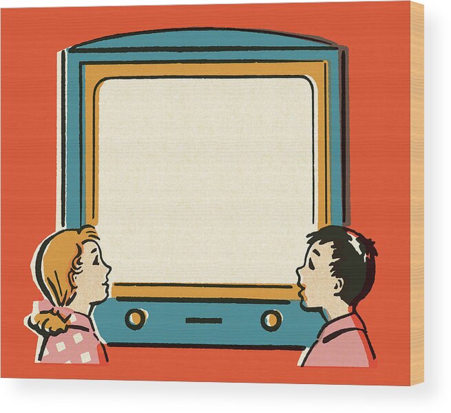 Boy Wood Print featuring the drawing Boy and Girl Looking at a Television Screen by CSA Images