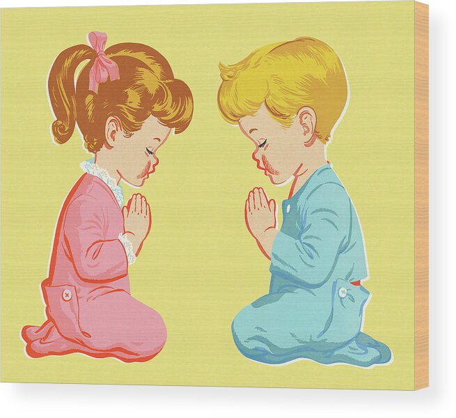 Bedtime Wood Print featuring the drawing Boy and Girl Praying by CSA Images