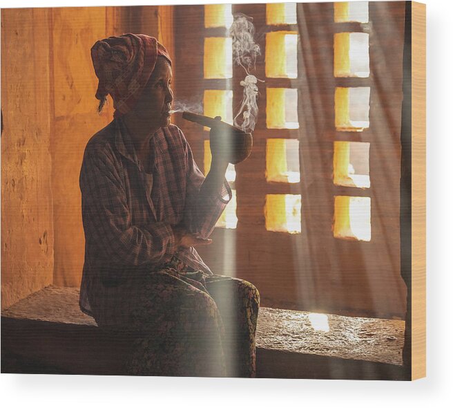 Woman Wood Print featuring the photograph Burmese woman smoking a cigar by Ann Moore