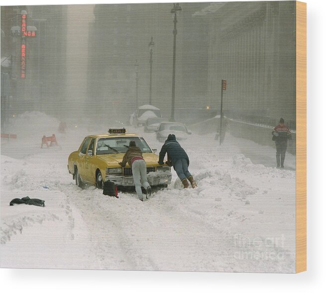 Driver Wood Print featuring the photograph Cab Driver Pushes His Taxi Cab After by New York Daily News Archive
