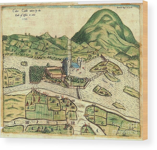 Maps Wood Print featuring the painting Cahir Castle 1599, Tipperary by Val Byrne