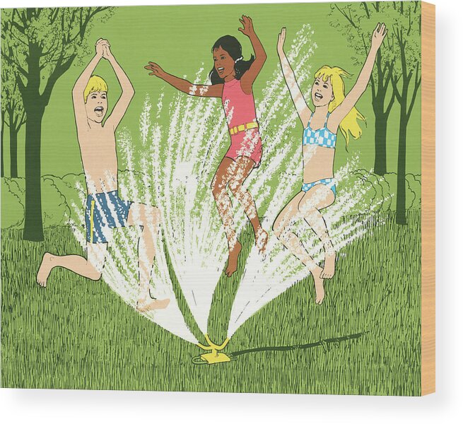 Back Yard Wood Print featuring the drawing Children Running Through a Sprinkler by CSA Images