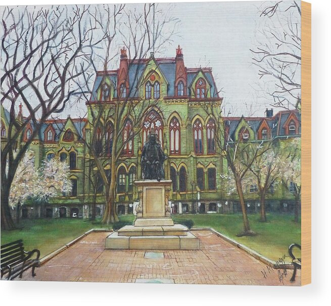 Architecture Wood Print featuring the painting College Hall, University of Pennsylvania by Henrieta Maneva