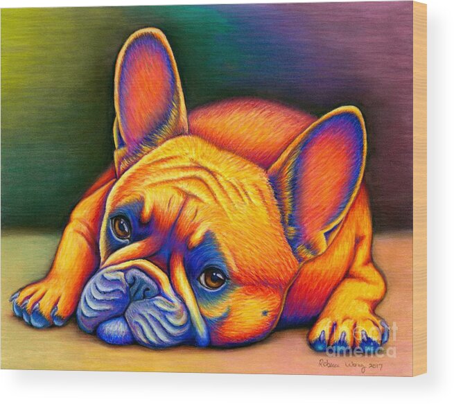 French Bulldog Wood Print featuring the drawing Daydreamer - Colorful French Bulldog by Rebecca Wang