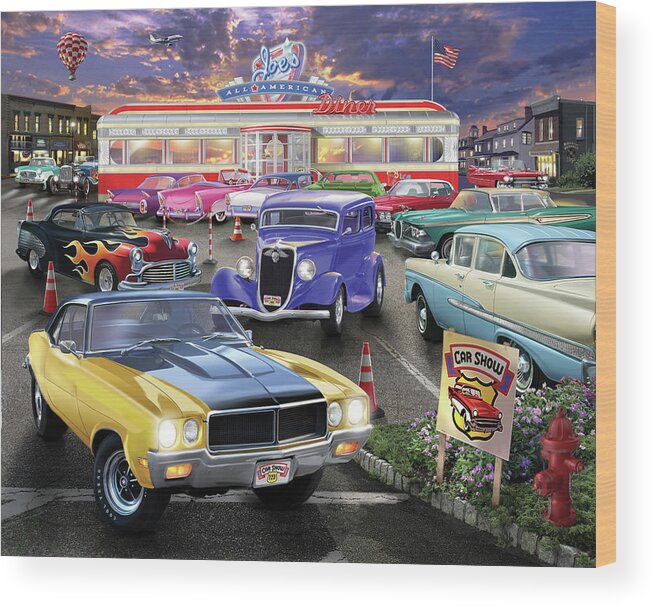 Diner Car Show Wood Print featuring the painting Diner Car Show by Bigelow Illustrations- Exclusive