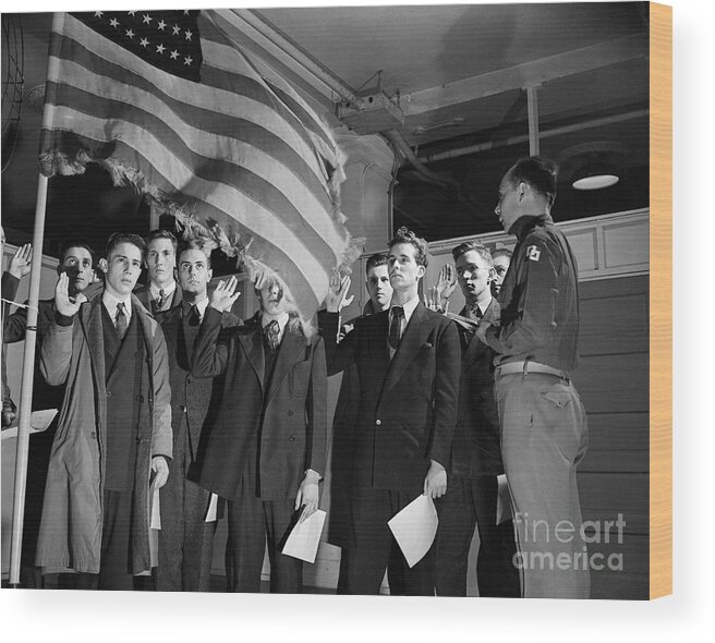 Hand Raised Wood Print featuring the photograph Draftees Take An Oath by Bettmann