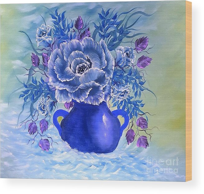 Vase Of Flowers Wood Print featuring the painting Dreamy floral rose blue by Angela Whitehouse