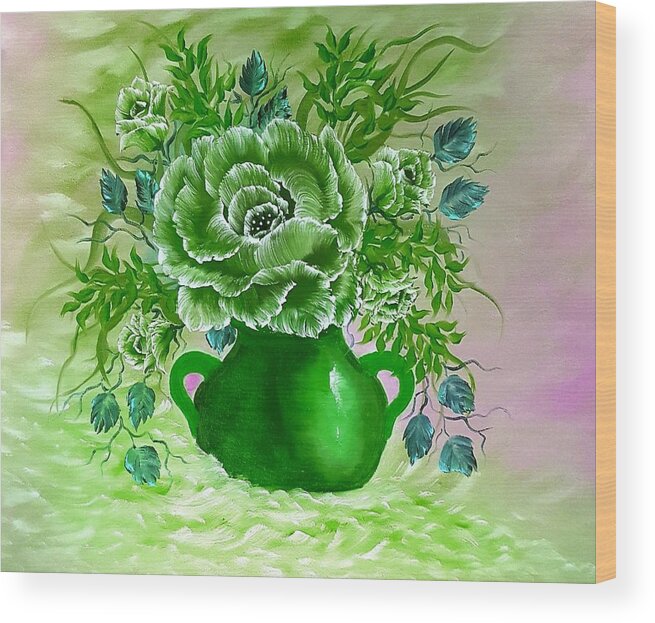 Pot Of Flowers Wood Print featuring the painting Dreamy floral rose green by Angela Whitehouse