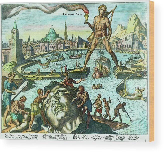 Engraving Wood Print featuring the photograph Engraving Of The Colossus Of Rhodes by Bettmann