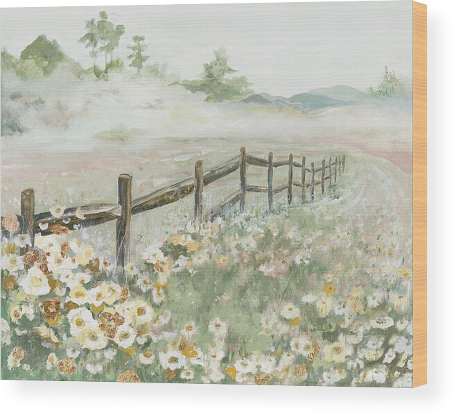Fence Wood Print featuring the painting Fence With Flowers by Patricia Pinto