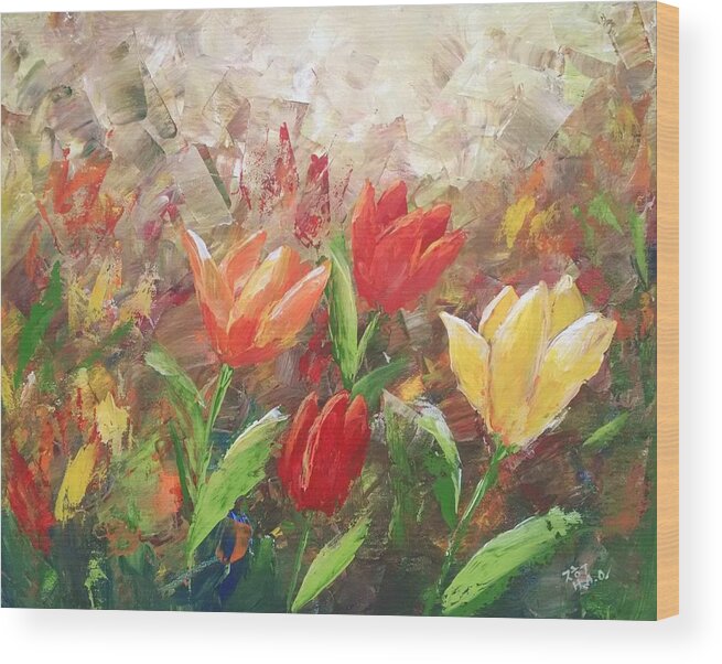 Tulips Wood Print featuring the painting Field of Tulips by Helian Cornwell