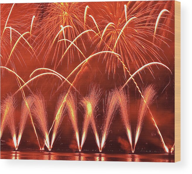 Firework Display Wood Print featuring the photograph Fireworks Over West Lake, Hangzhou by William Yu Photography