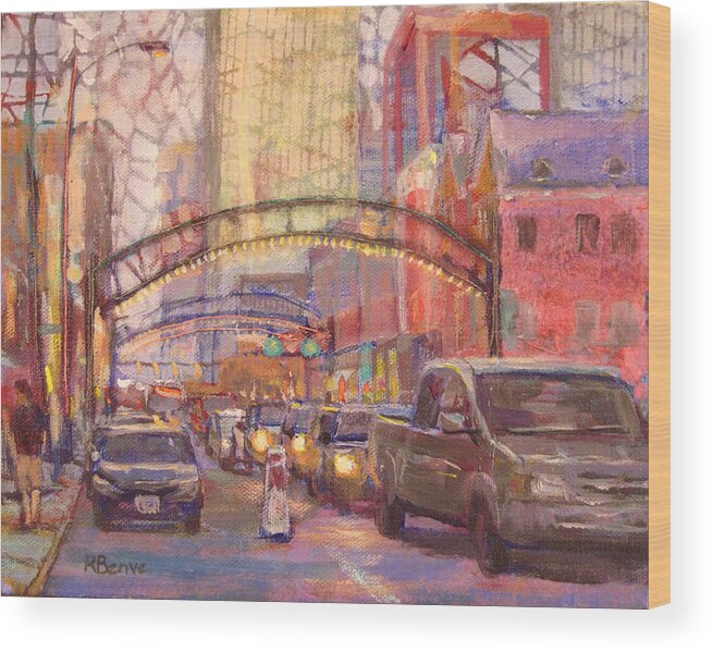 Festive Wood Print featuring the painting First Lights of the Evening in the Short North by Robie Benve