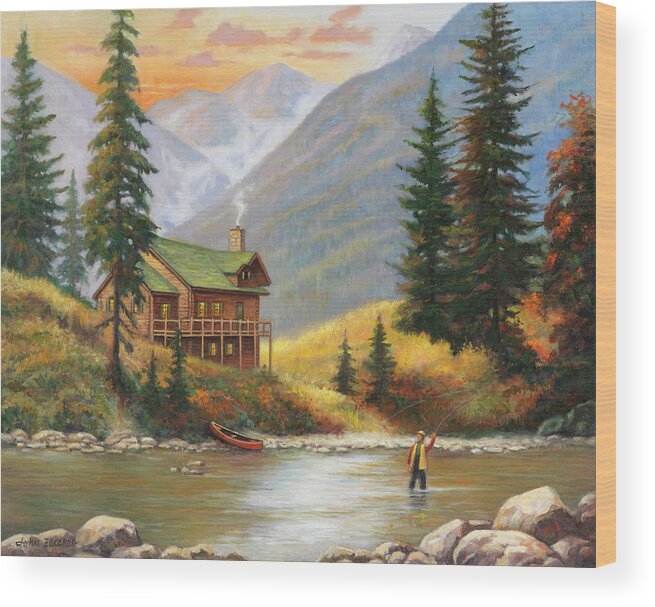 Fly Fishing Wood Print featuring the painting Fly Fisherman by John Zaccheo