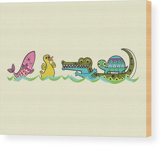Alligator Wood Print featuring the drawing Four Floating Animals by CSA Images