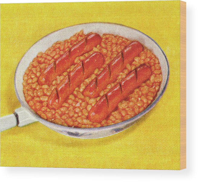 Baked Beans Wood Print featuring the drawing Frying Pan with Beans and Hot Dogs by CSA Images