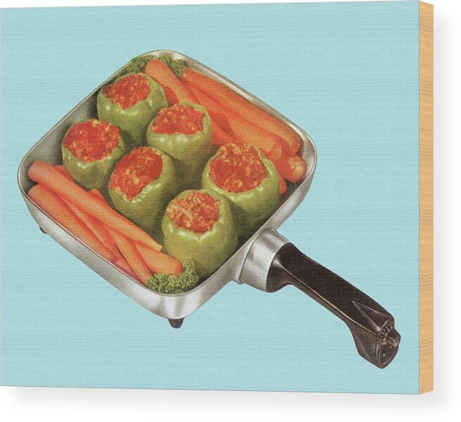 Bell Pepper Wood Print featuring the drawing Frying Pan with Stuffed Peppers by CSA Images