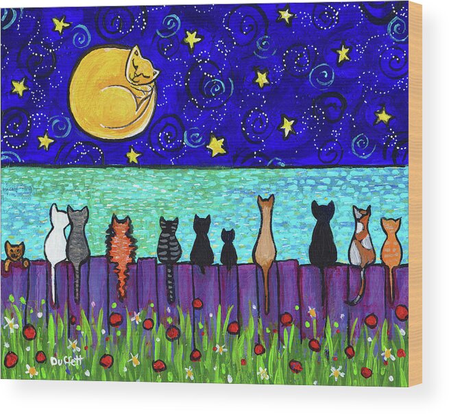 Full Moon Cats Ocean Wood Print featuring the painting Full Moon Cats Ocean by Shelagh Duffett