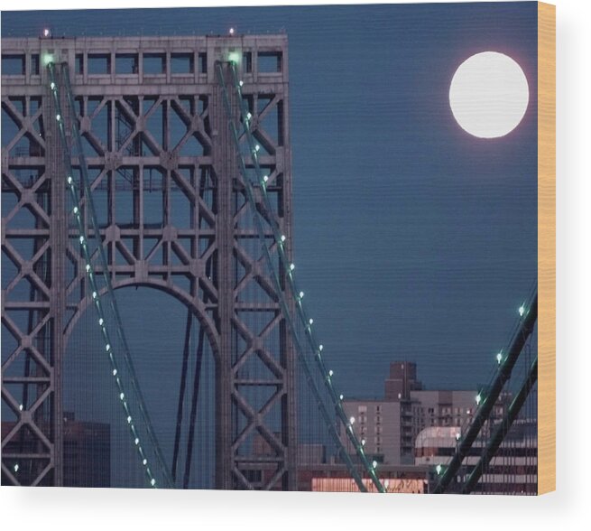 George Washington Bridge Wood Print featuring the photograph Full Moon Sets Behind The George by New York Daily News Archive