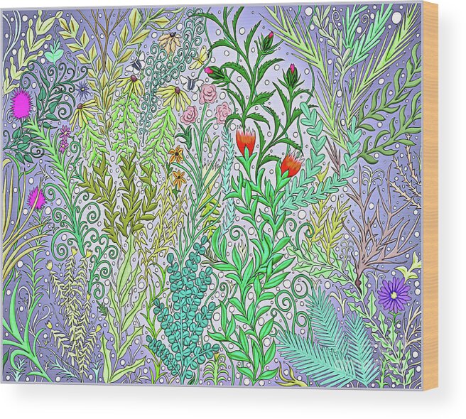Lise Winne Wood Print featuring the digital art Garden Jungle in Purple with Fuchsia Flowers, Black Eyed Susans Spring Foliage by Lise Winne