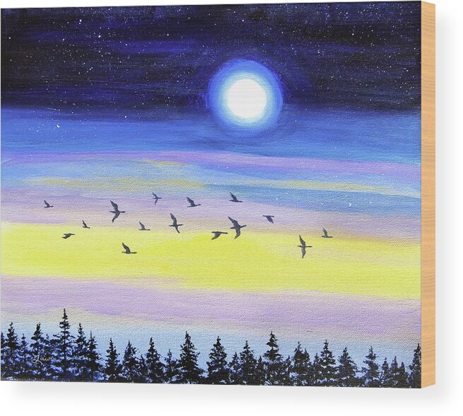 Geese Wood Print featuring the painting Geese at Twilight by Laura Iverson