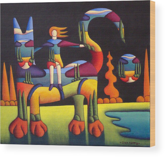 Cat Wood Print featuring the painting Girl on cat in landscape by Alan Kenny