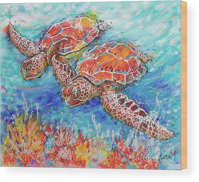 Marine Turtles Wood Print featuring the painting Gliding Sea Turtles by Jyotika Shroff