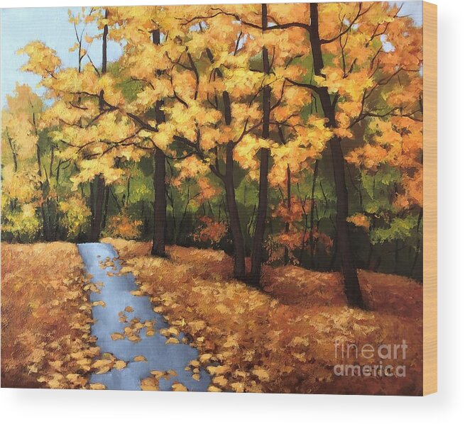 Fall Wood Print featuring the painting Golden sidewalk by Inese Poga