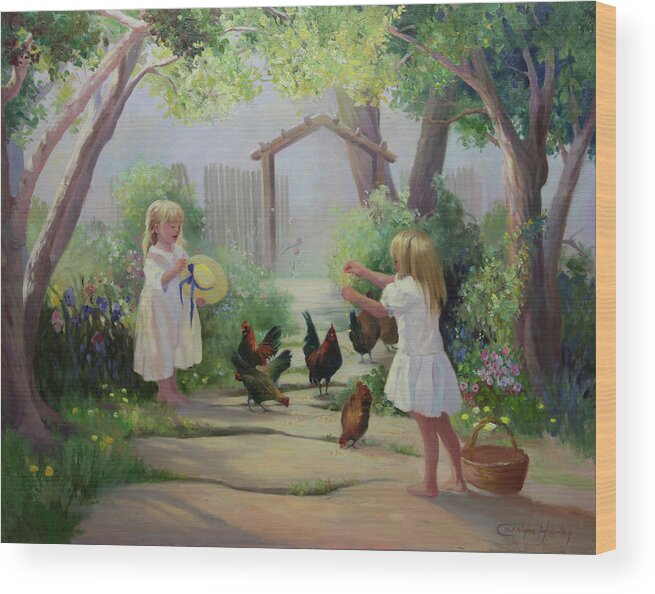 Figurative Art Wood Print featuring the painting Grandmother's Chickens by Carolyne Hawley