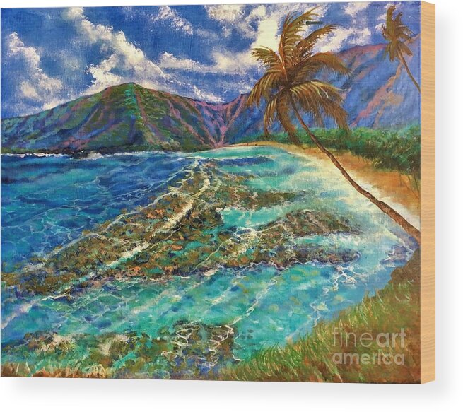 Hanauma Bay Hawaii Seascape Wood Print featuring the painting Hanauma Bay Hawaii by Leland Castro