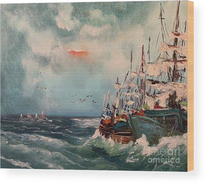 Harbor Art Paintings By Miroslaw Chelchowski Acrylic On Canvas Print Ocean Ship Boat Wave Water  Blue Sky Clouds Sailing Seagulls Painting Seascape Ocean Sea Wood Print featuring the painting Harbor by Miroslaw Chelchowski
