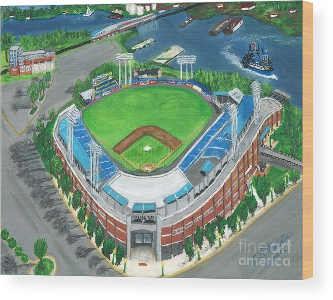 Harbor Park Wood Print featuring the painting Harbor Park on the River by Elizabeth Mauldin