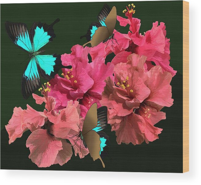 Hibiscus Wood Print featuring the drawing Hibiscus Butterfly Joy by Joan Stratton