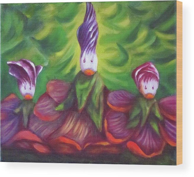 Fantasy Wood Print featuring the painting Hollyhock Sisters by Sherry Strong