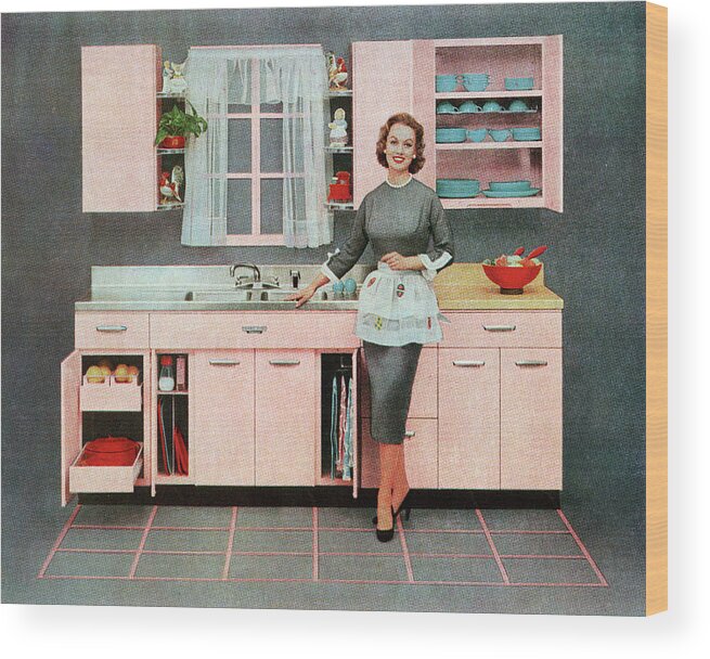 People Wood Print featuring the photograph Housewife In Pink Kitchen by Graphicaartis